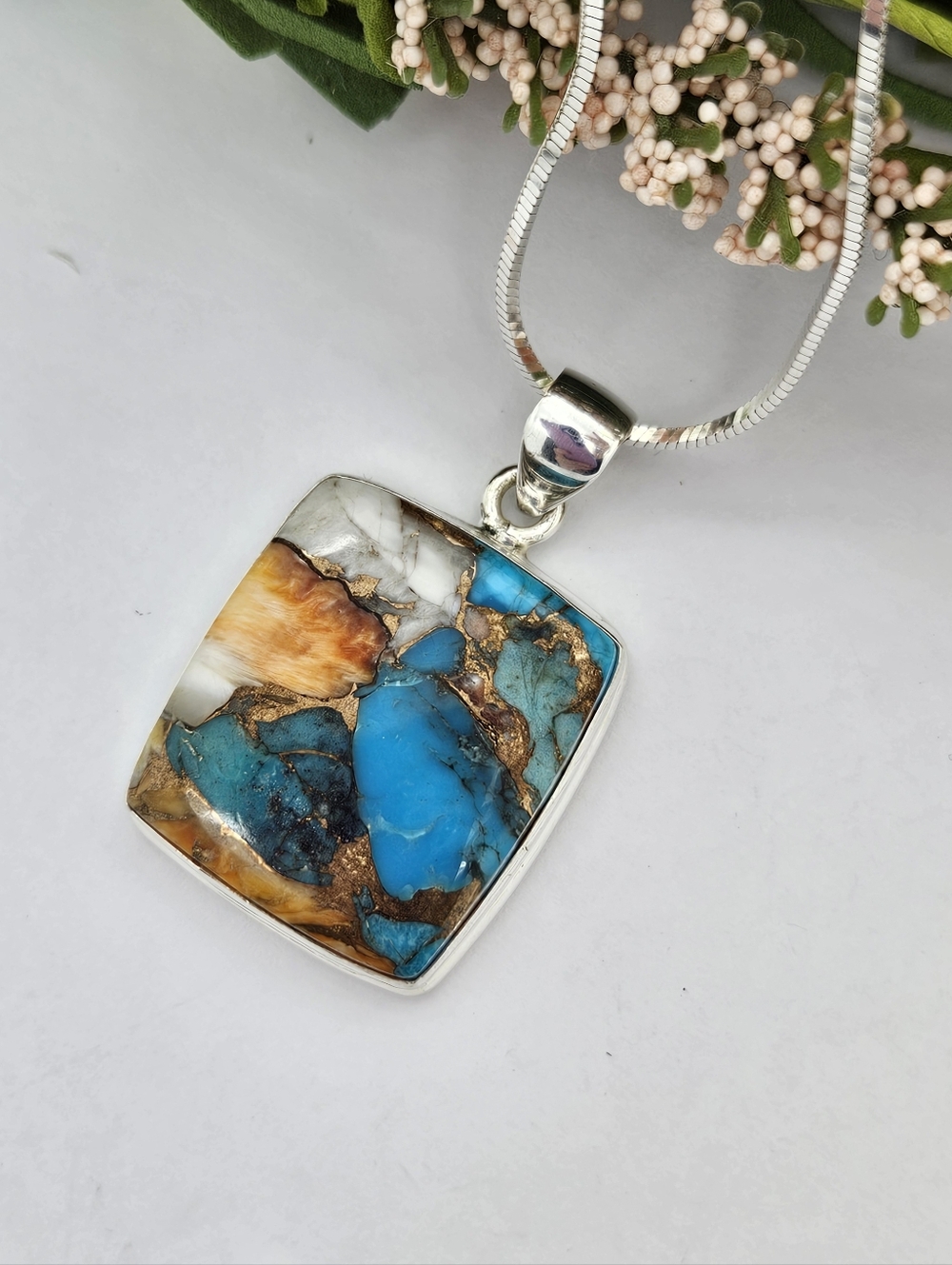 Spiny Oyster and Copper Turquoise Square Pendant